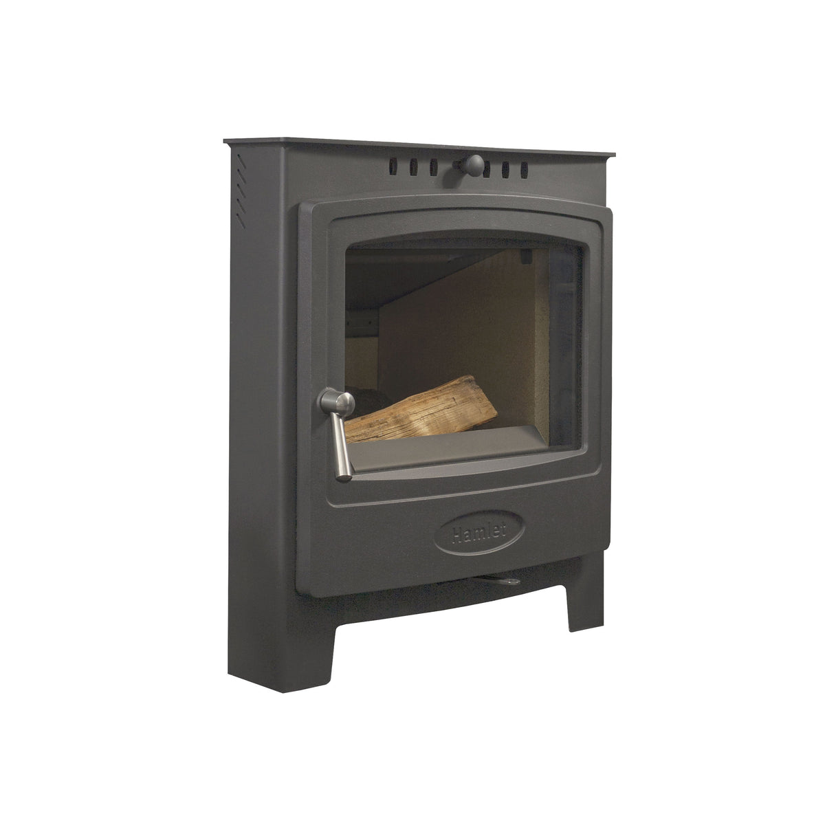 A dark gray cast iron wood-burning stove with a glass door showing a piece of wood inside, set against a plain white background.
