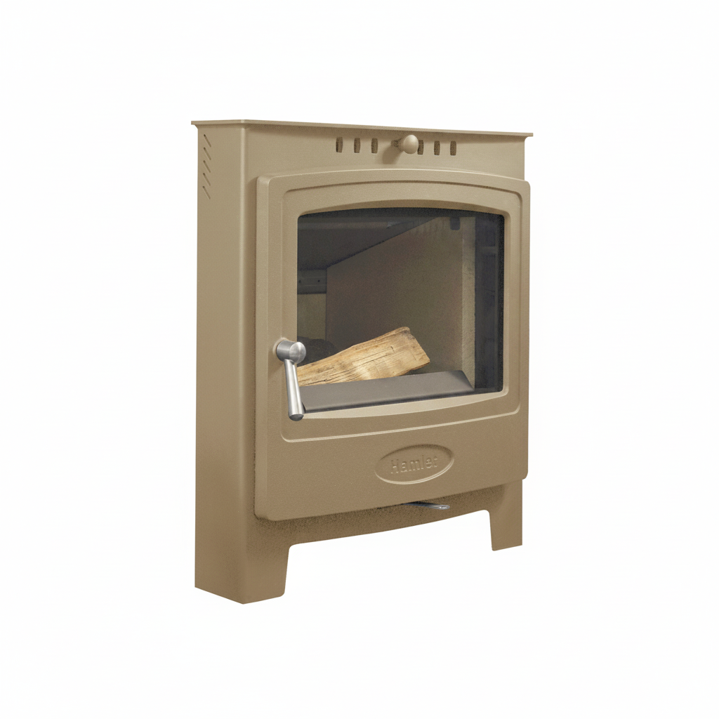 A beige cast iron wood-burning stove with a glass door, silver handle, and a piece of wood inside, shown on a plain white background. 