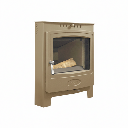 A beige cast iron wood-burning stove with a glass door, silver handle, and a piece of wood inside, shown on a plain white background. 