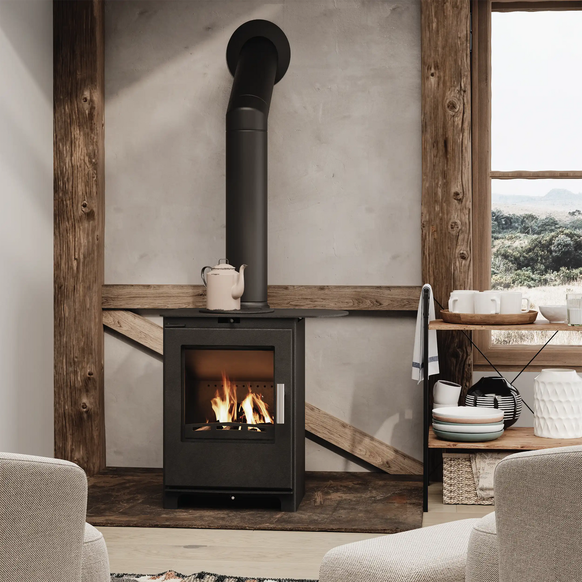 Beltane Brue Cooktop Logstore stove with integrated wood storage
