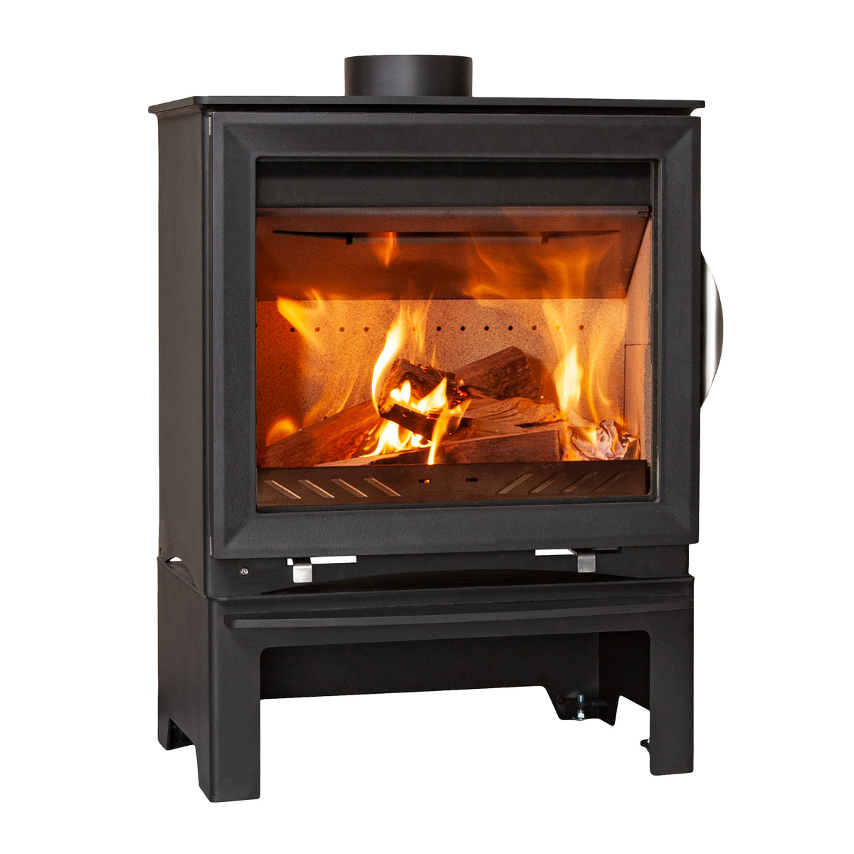 A black metal wood-burning stove with a glass front door, showing a fire and logs inside, set against a plain white background.