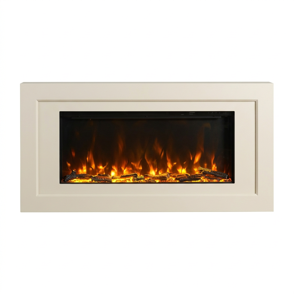 A modern wall-mounted electric fireplace with a cream-colored frame and realistic orange and yellow flames with faux logs, shown against a plain white background.