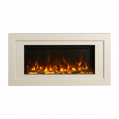 A modern wall-mounted electric fireplace with a cream-colored frame and realistic orange and yellow flames with faux logs, shown against a plain white background.