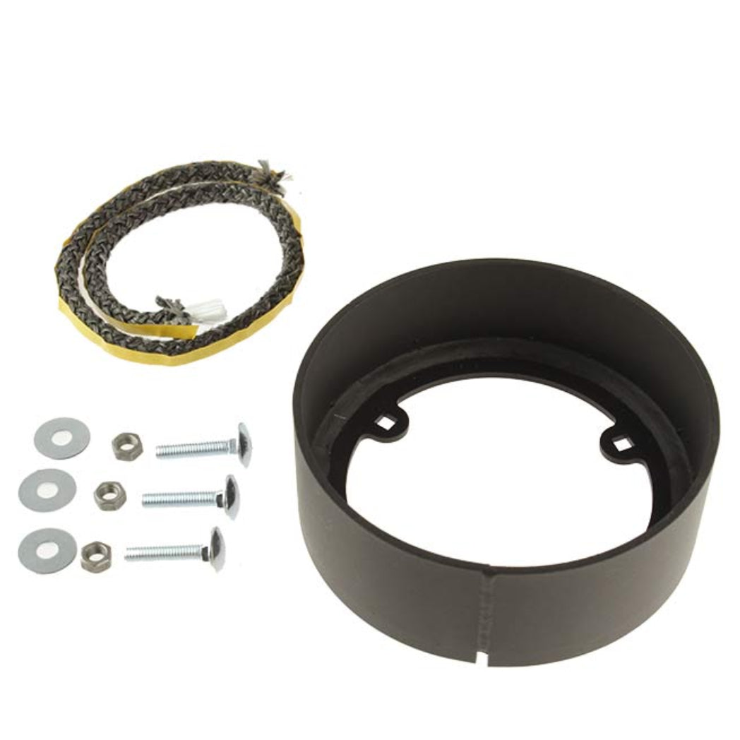 Black circular 5" spigot with a braided black and yellow cord, silver screws, washers, and nuts on a white background.