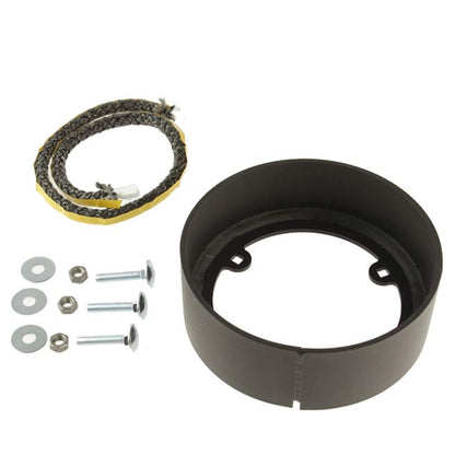 Black circular 5" spigot with a braided black and yellow cord, silver screws, washers, and nuts on a white background.