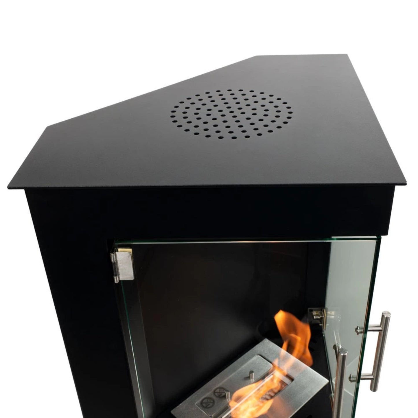 Black bioethanol fireplace with glass door and visible flames on a white background
