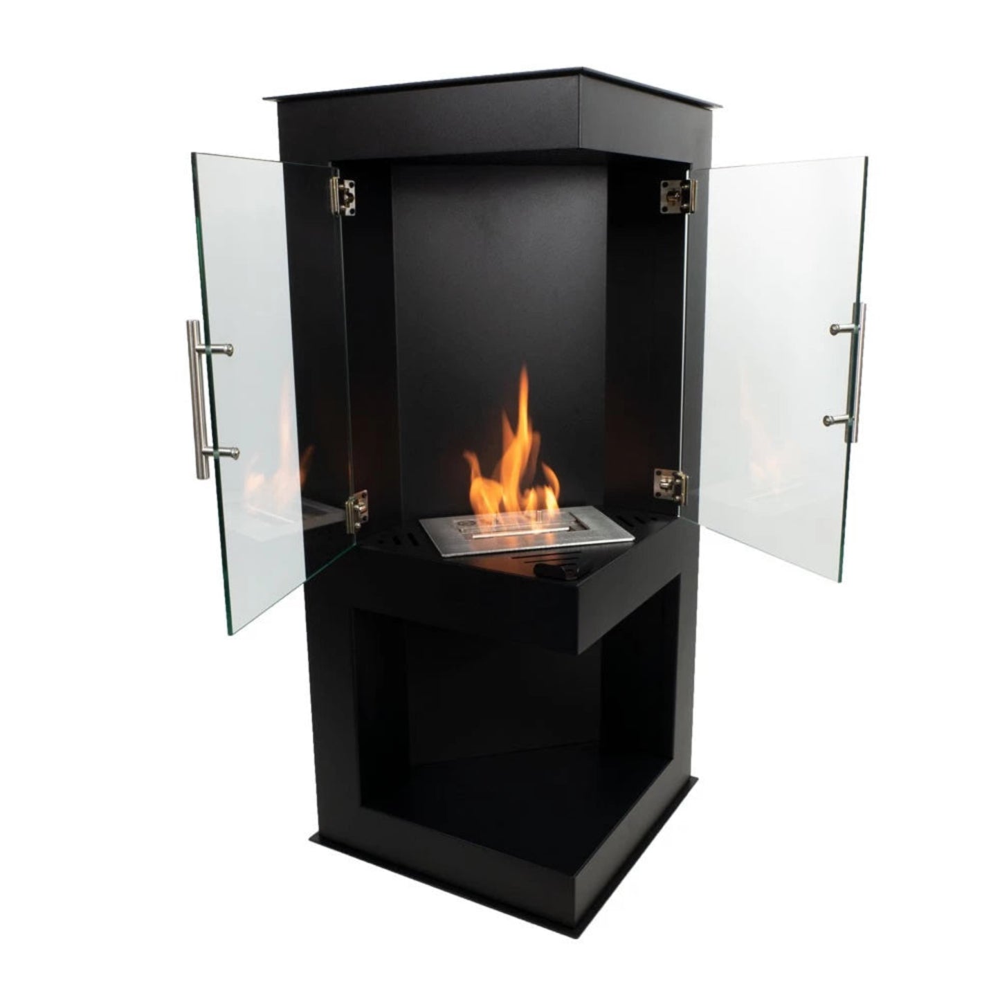 Black freestanding fireplace with glass doors on a white background