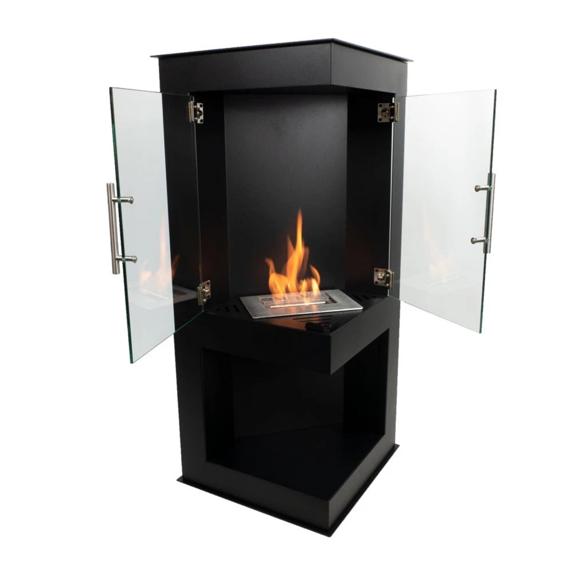 Black freestanding fireplace with glass doors on a white background