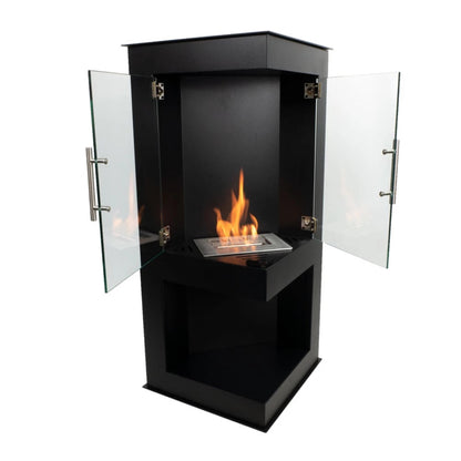 Black freestanding fireplace with glass doors on a white background