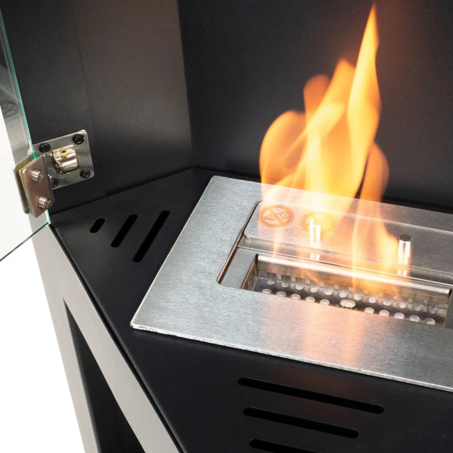 viw of inside a modern ethanol fireplace with flames burning 