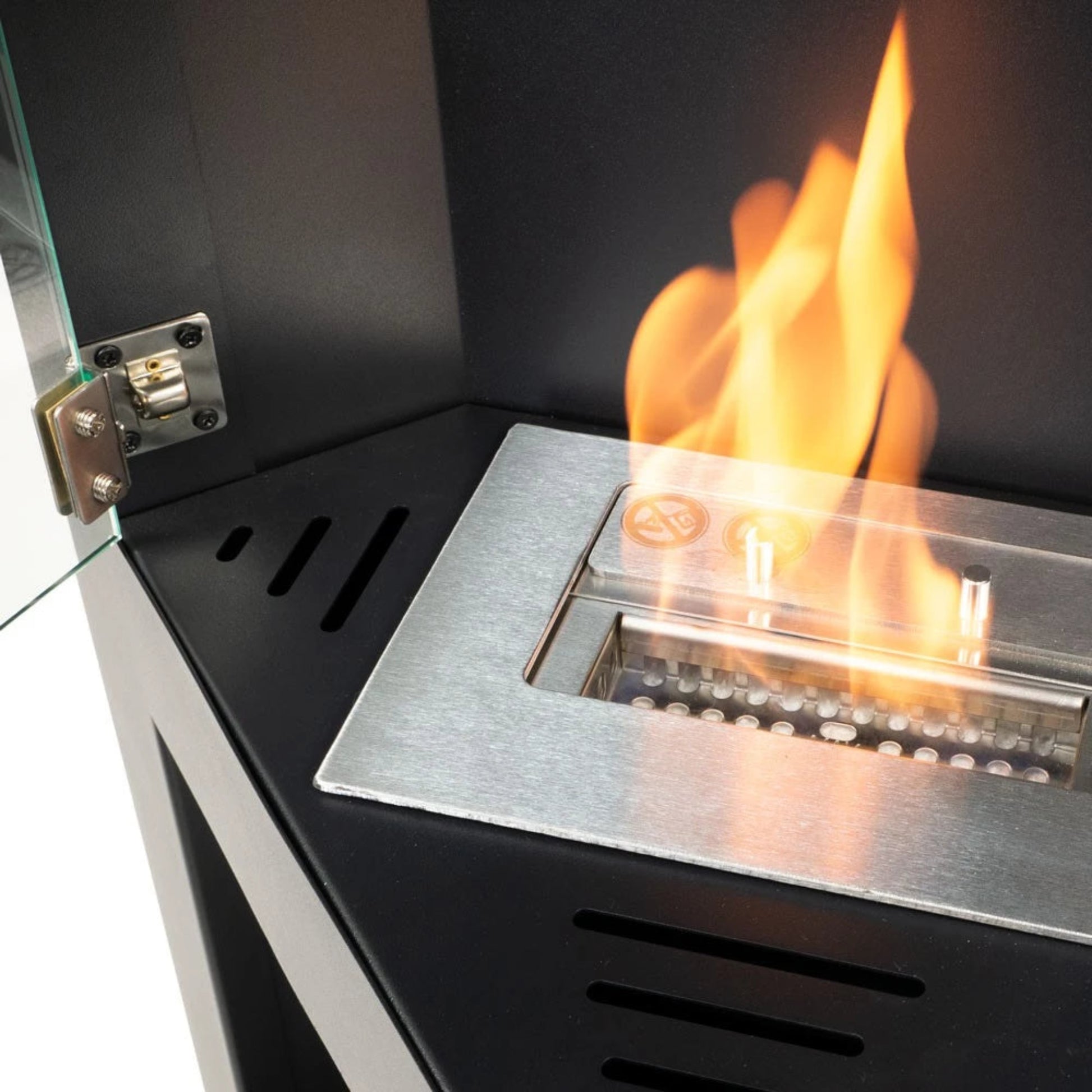 viw of inside a modern ethanol fireplace with flames burning 