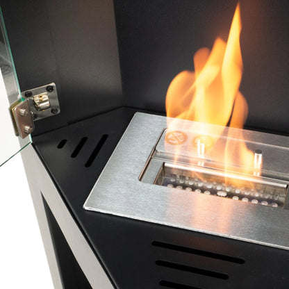 viw of inside a modern ethanol fireplace with flames burning 