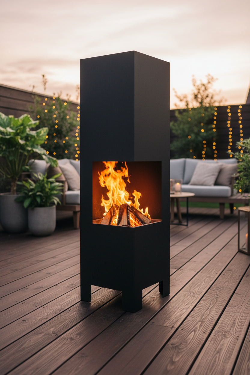 A modern, tall black freestanding fireplace with a square firebox showing bright orange and yellow flames, set against a white background with a white background.