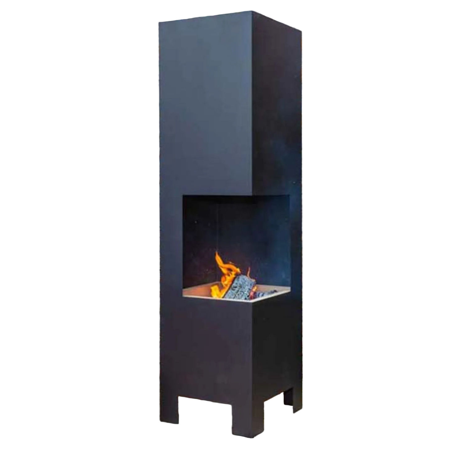 A tall, modern outdoor fireplace with a dark charcoal gray metal frame and a visible flame burning inside a rectangular firebox, shown on a plain white background.
