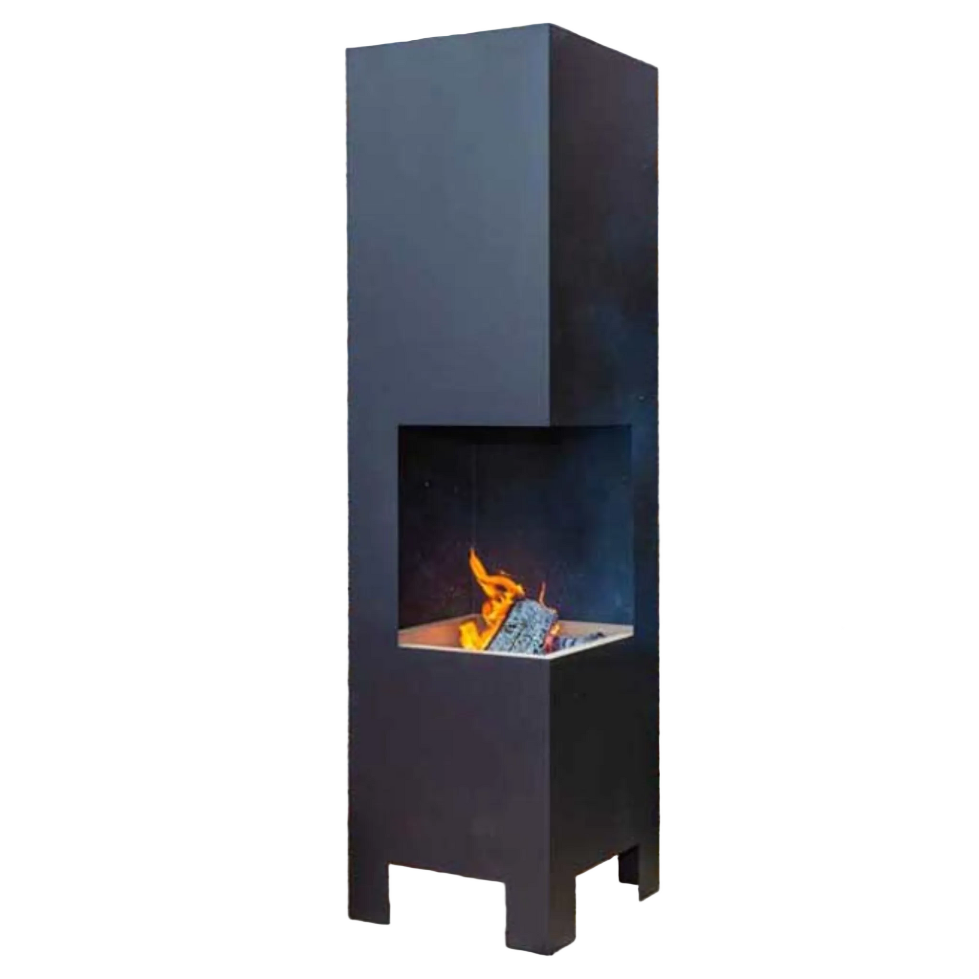 A tall, modern outdoor fireplace with a dark charcoal gray metal frame and a visible flame burning inside a rectangular firebox, shown on a plain white background.