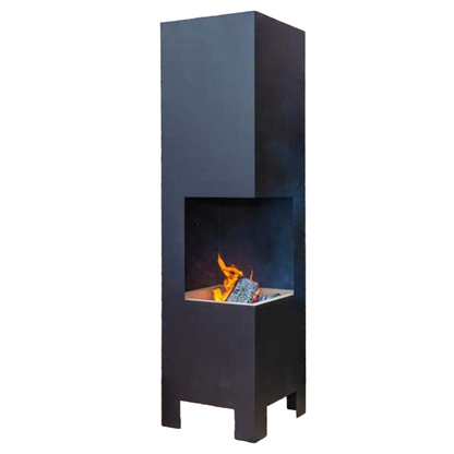 A tall, modern outdoor fireplace with a dark charcoal gray metal frame and a visible flame burning inside a rectangular firebox, shown on a plain white background.