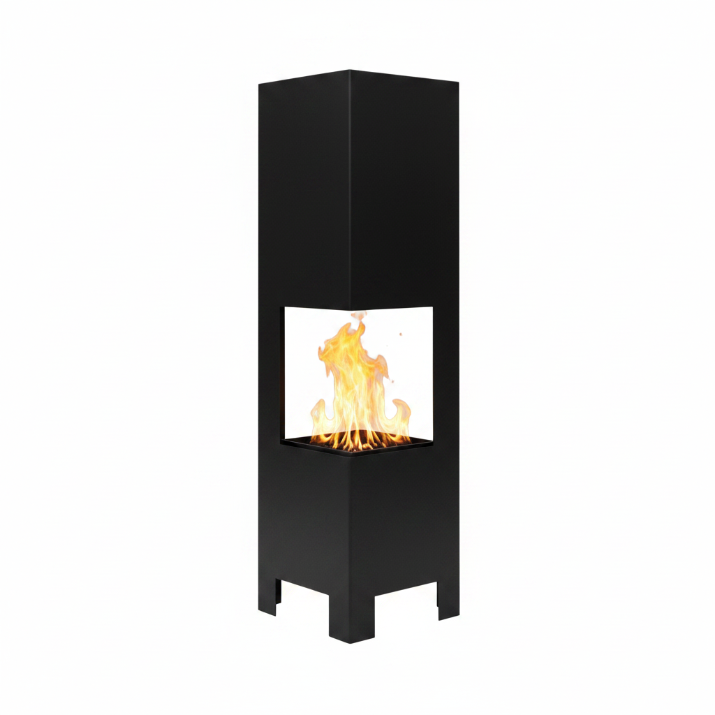 A modern black metal freestanding fireplace with a square firebox showing a bright orange and yellow flame, isolated on a white background.