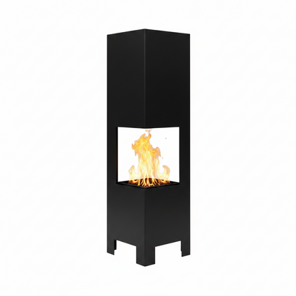 A modern black metal freestanding fireplace with a square firebox showing a bright orange and yellow flame, isolated on a white background.