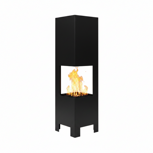 A modern black metal freestanding fireplace with a square firebox showing a bright orange and yellow flame, isolated on a white background.