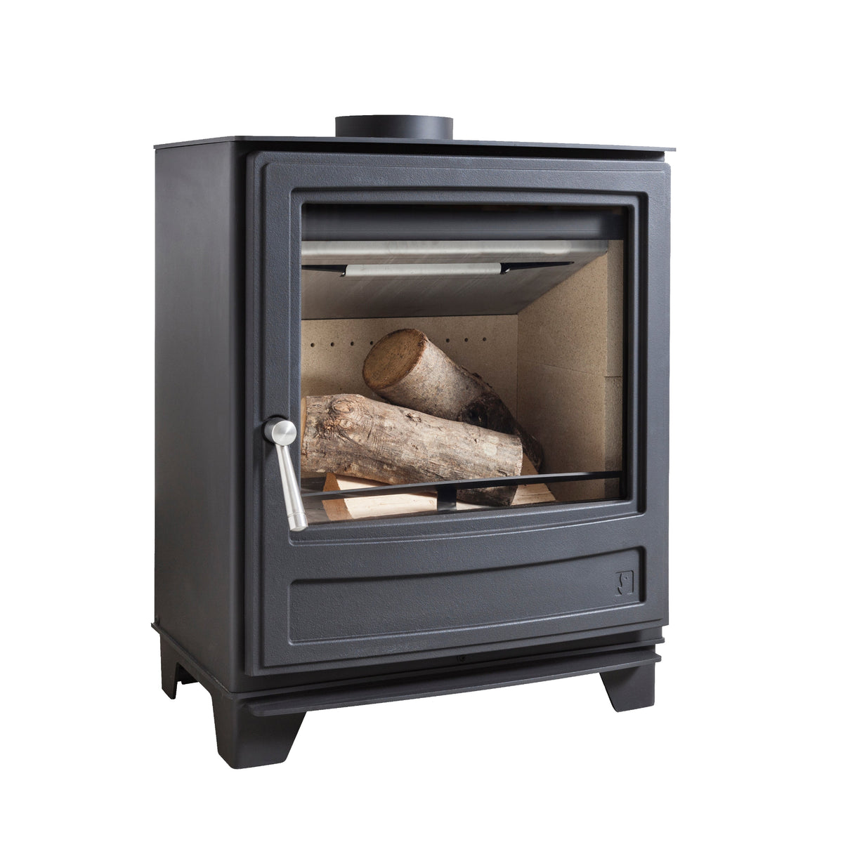 A black cast iron wood-burning stove with a glass door showing logs inside, featuring a silver handle and a top flu, isolated on a white background.