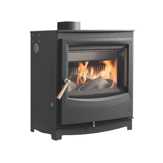 A black wood-burning stove with a glass front door showing a fire inside, featuring a wooden hand lever and a chimney stack on top, isolated on a white background.