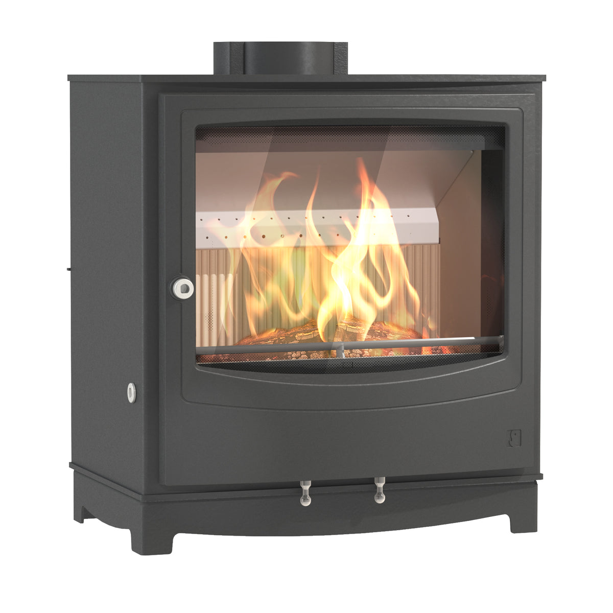 A dark gray cast iron wood-burning stove with a glass front door showing a lit fire, set against a plain white background.