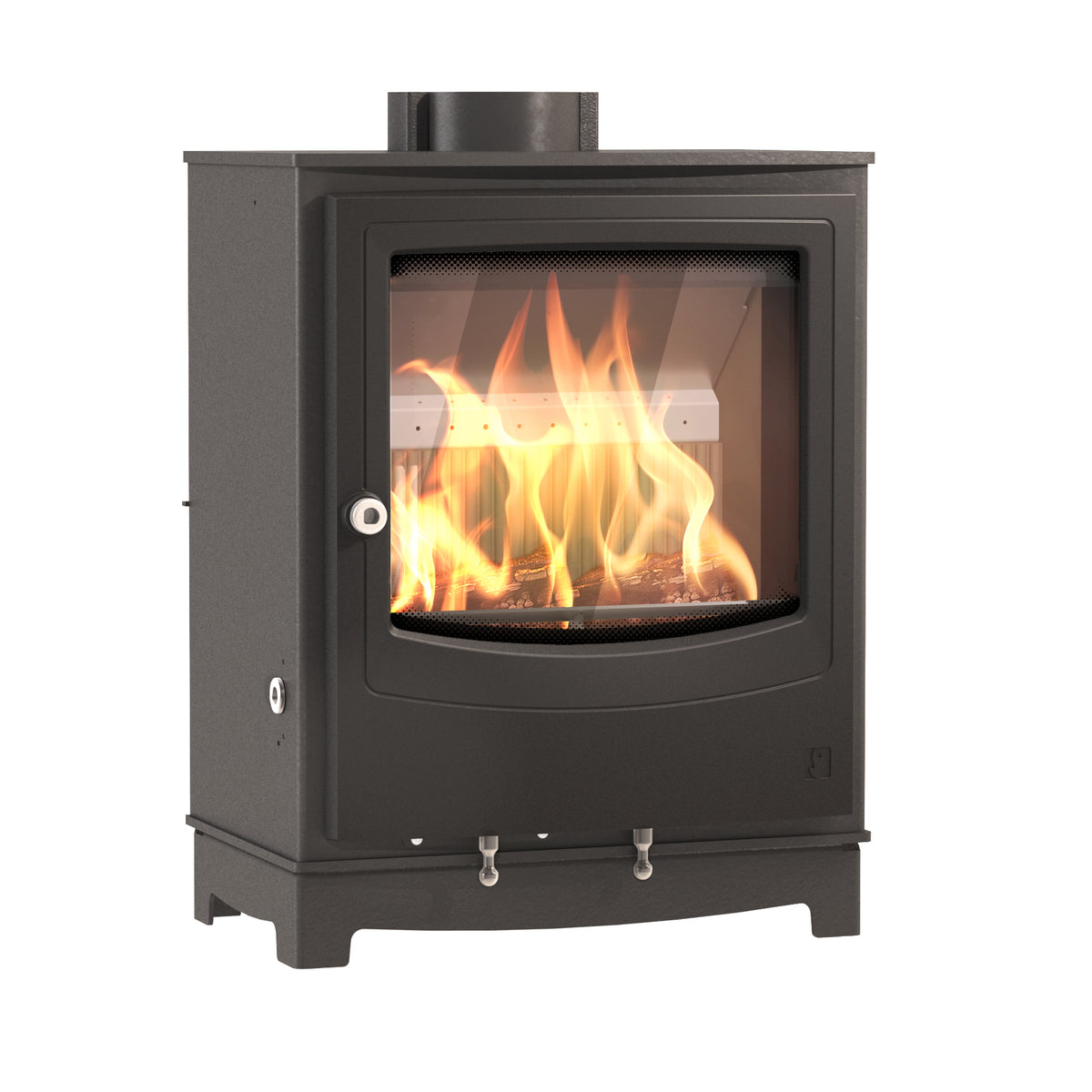 A black cast iron wood-burning stove with a glass front door showing a bright orange and yellow fire, isolated on a white background.