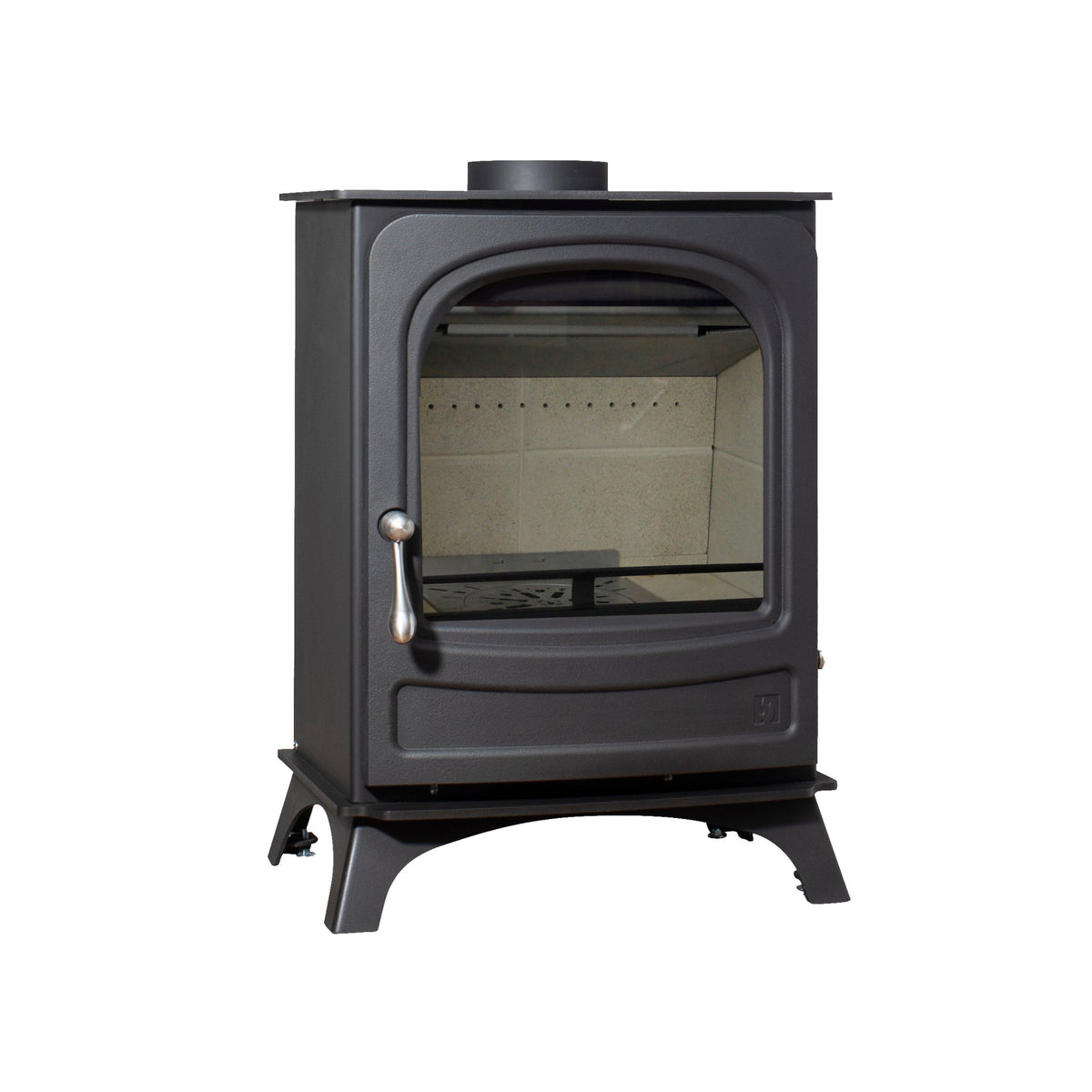 A black cast iron wood-burning stove with a glass door, featuring a silver handle and a top flu, isolated on a white background.