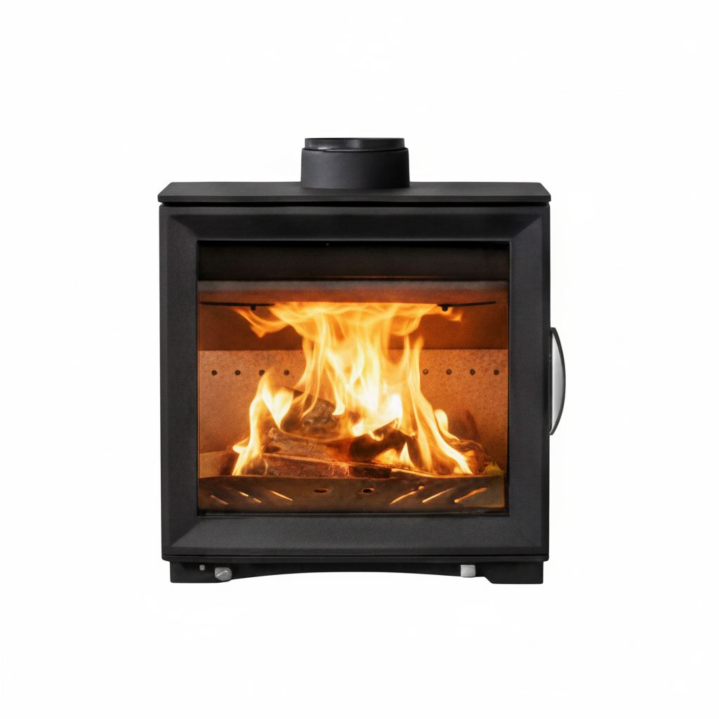A black wood-burning stove with a visible fire, on a white background