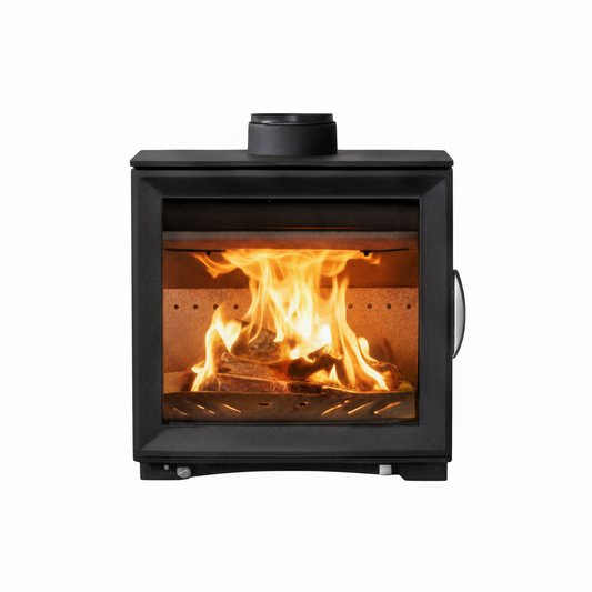 A black wood-burning stove with a visible fire, on a white background