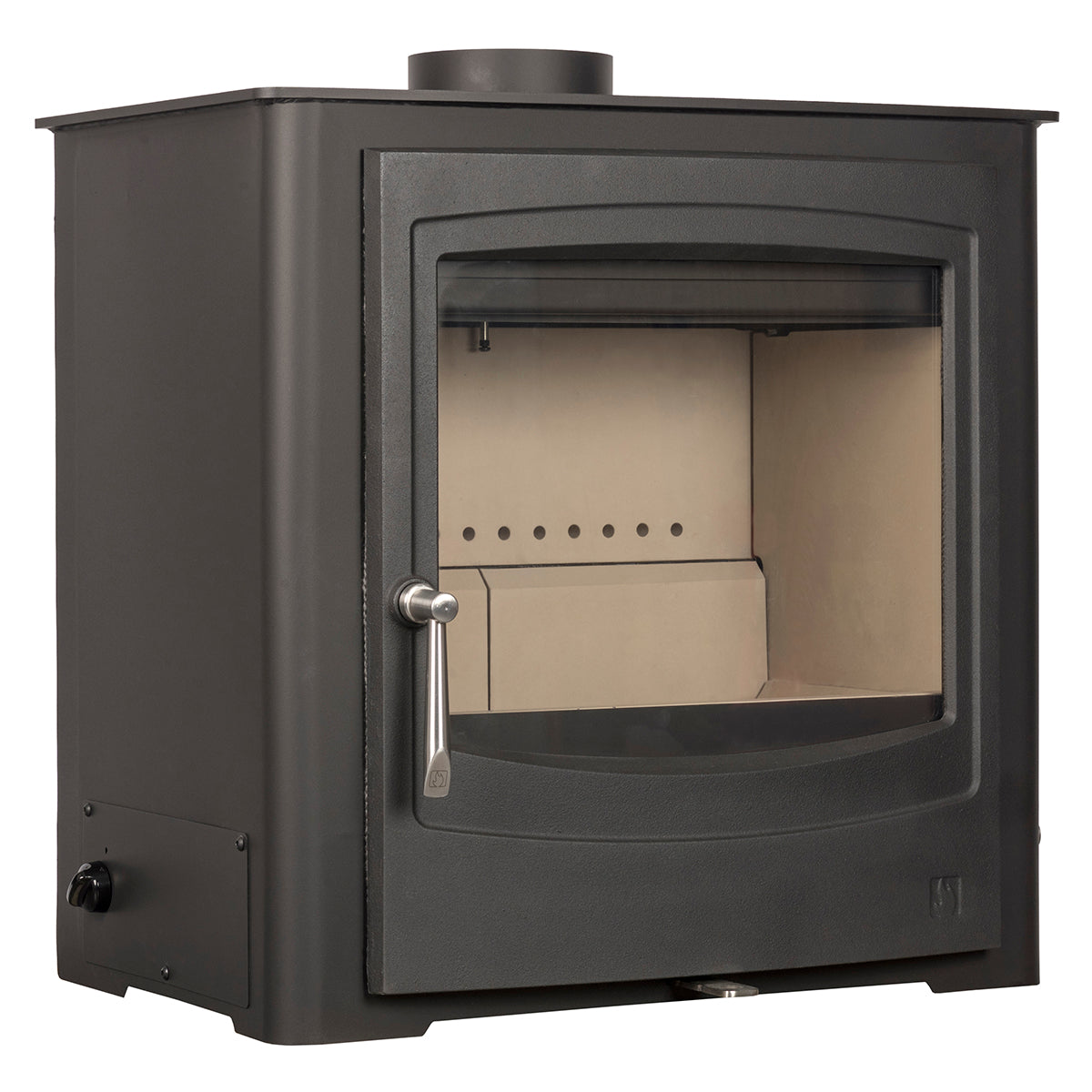 A black wood-burning stove with a glass door, silver lever handle, and a circular flu on top, shown against a plain white background.
