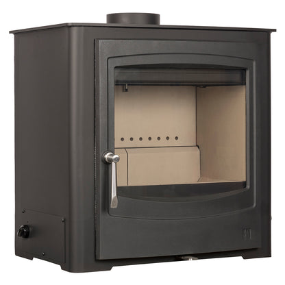 A black wood-burning stove with a glass door, silver lever handle, and a circular flu on top, shown against a plain white background.