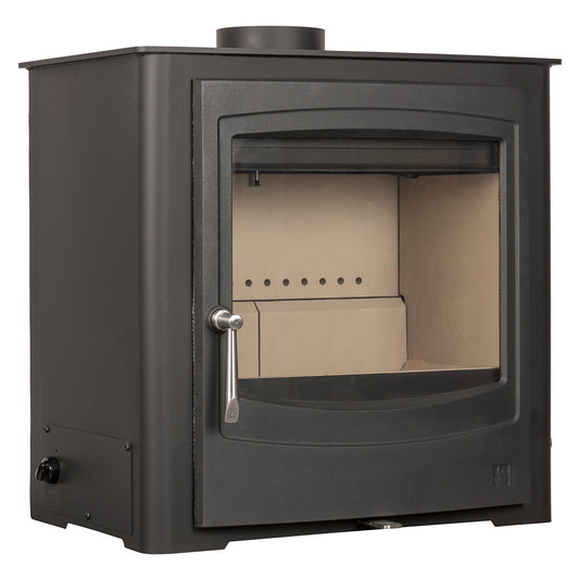 A black wood-burning stove with a glass door, silver lever handle, and a circular flu on top, shown against a plain white background.