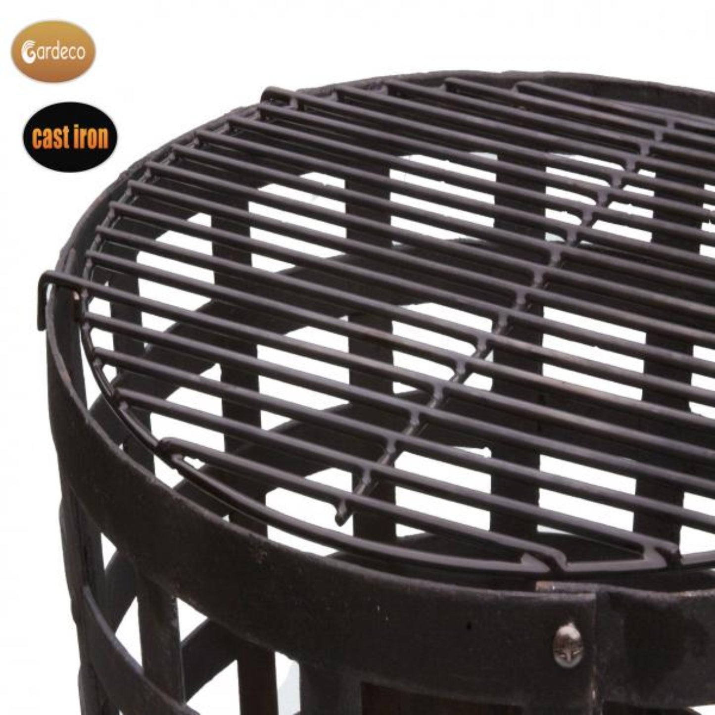 Close-up of a cast iron grill grate with Gardeco branding on a white background