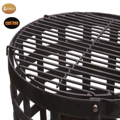 Close-up of a cast iron grill grate with Gardeco branding on a white background