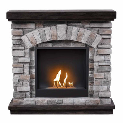 Stone fireplace with a lit fire inside on a white background