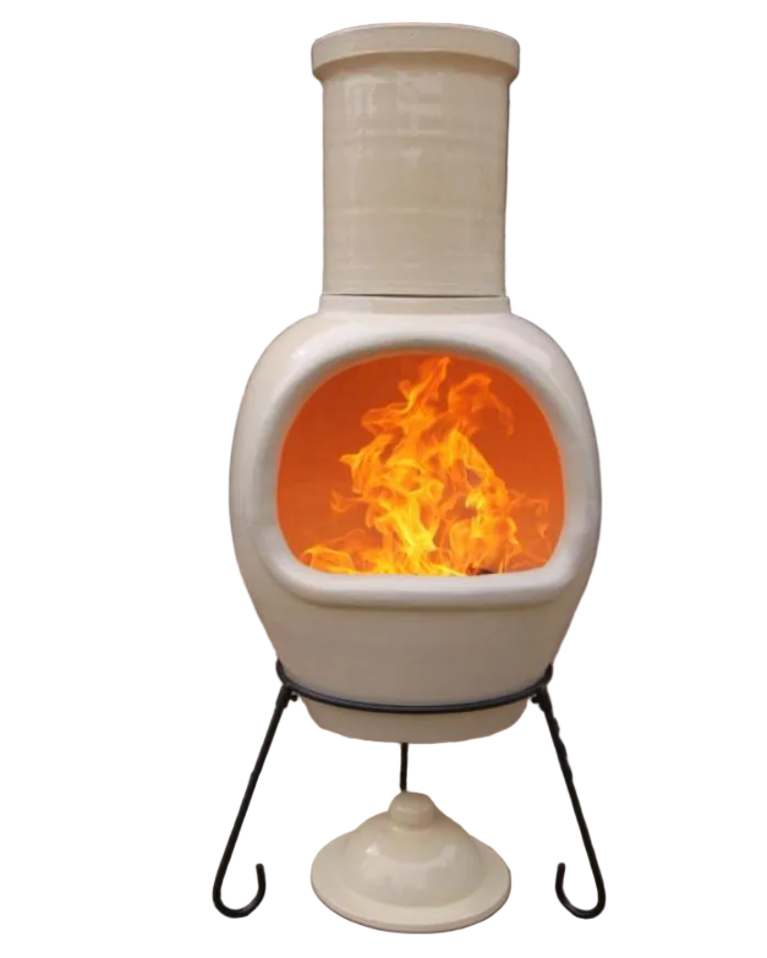 An off-white ceramic chimenea stove with a black metal stand, featuring a simulated orange and yellow fire inside, shown on a white background with a Gardeco brand logo.