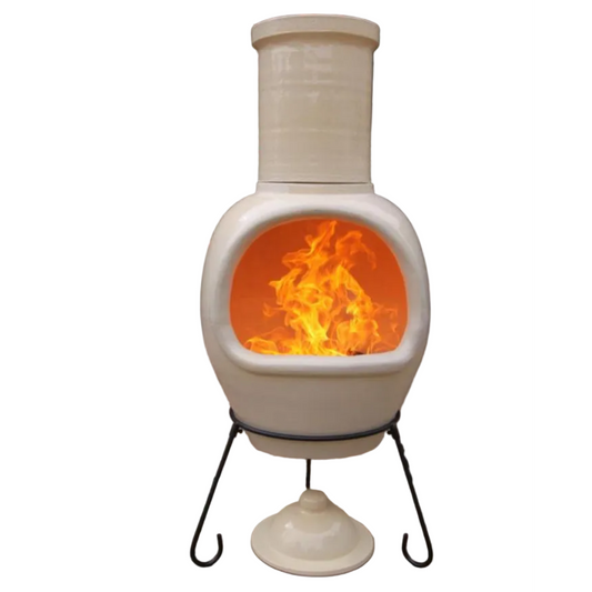 An off-white ceramic chimenea stove with a black metal stand, featuring a simulated orange and yellow fire inside, shown on a white background with a Gardeco brand logo.