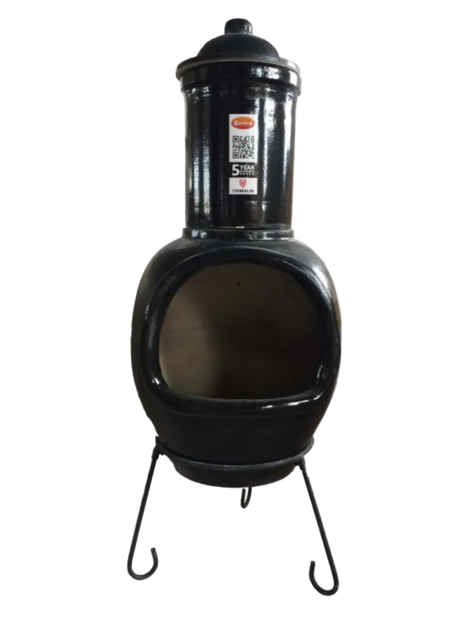 Black ceramic chiminea on a white background