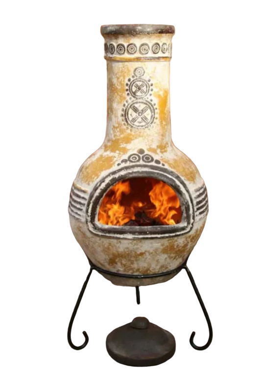 Decorative outdoor fireplace with flames on a white background