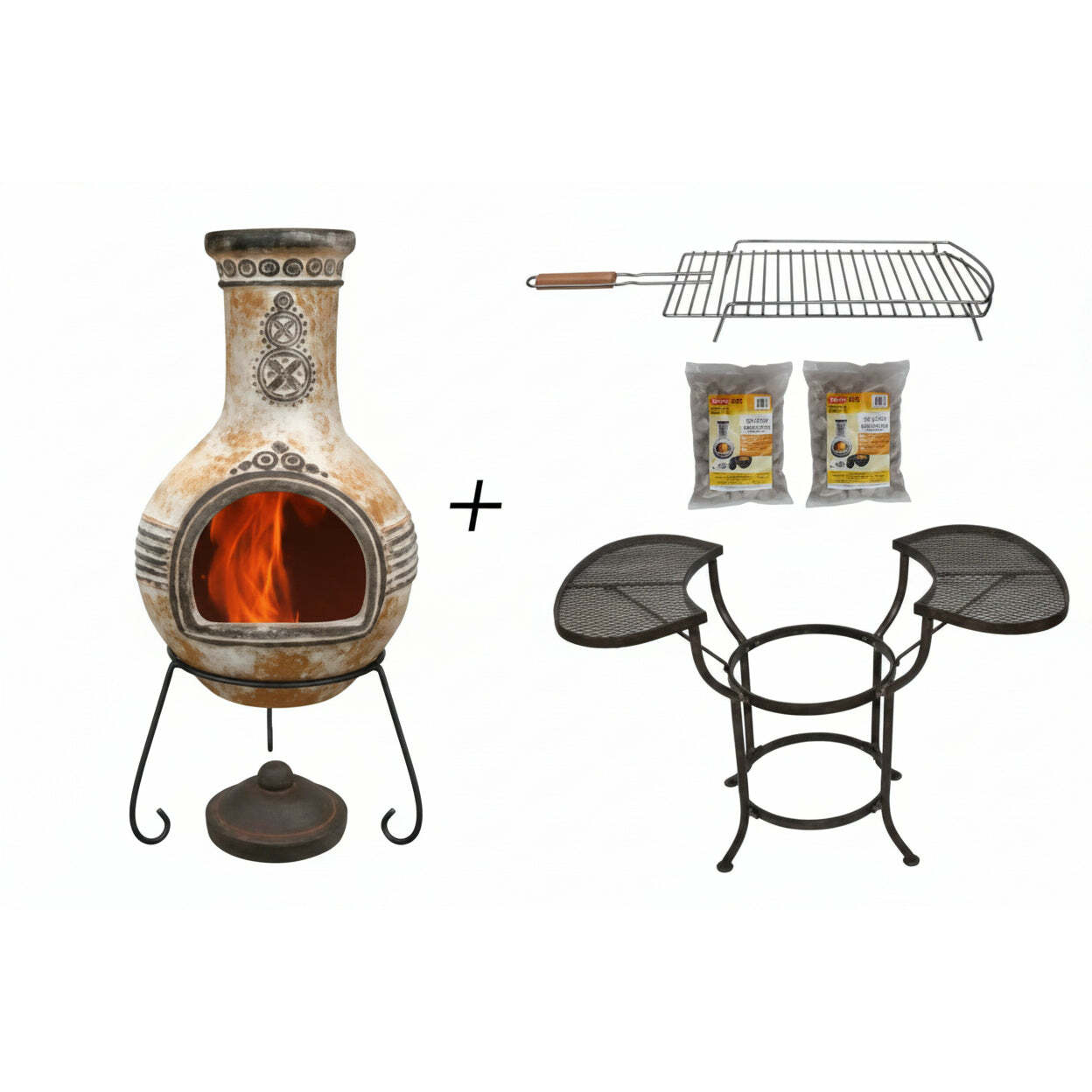 Chiminea, grill, 2 x lava stones and chiminea cradle on white background