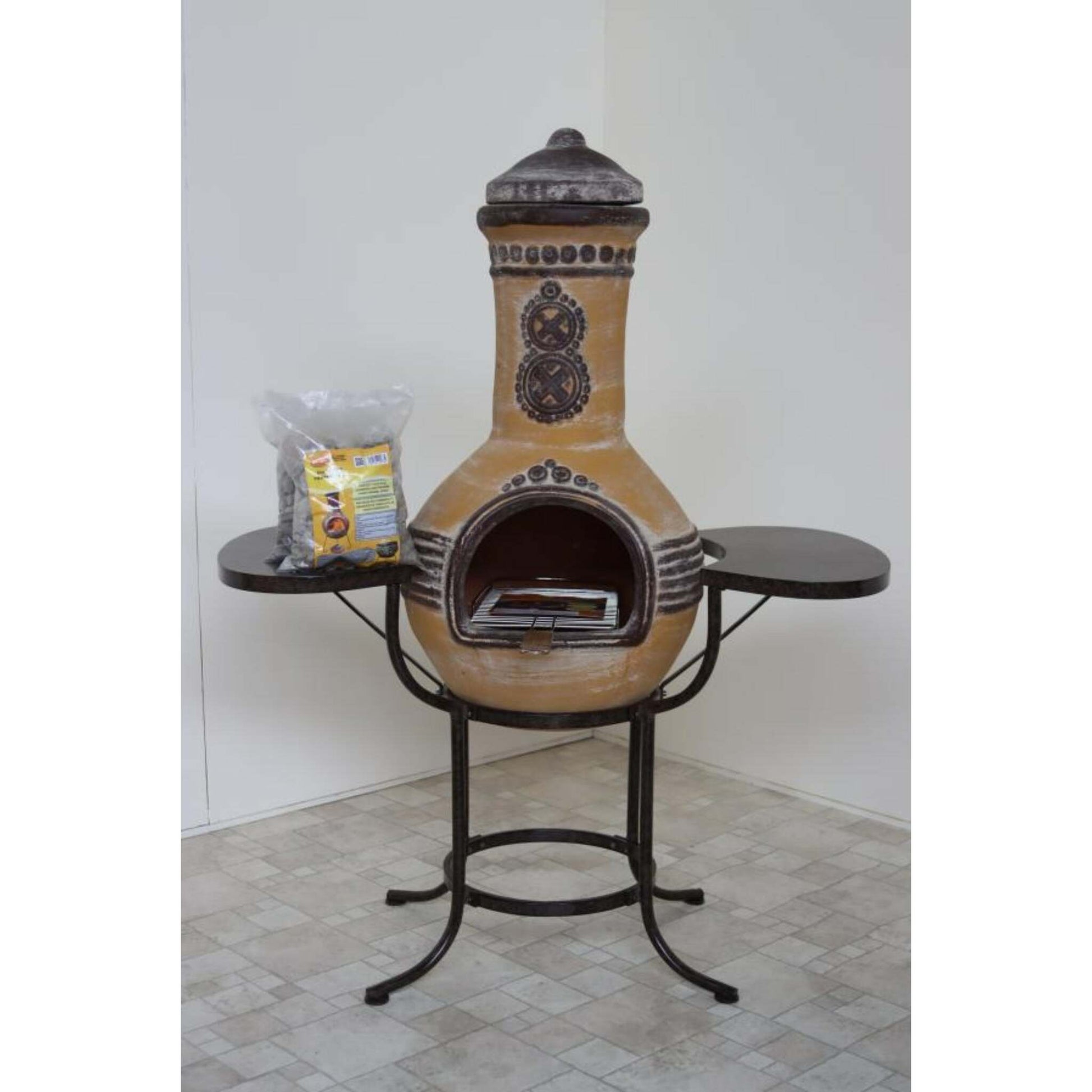 Azteca X-Large Mexican Chiminea BBQ Bundle – Yellow on tiled floor