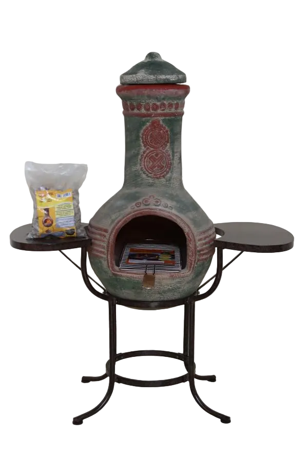Decorative outdoor fireplace with a stand on a white background
