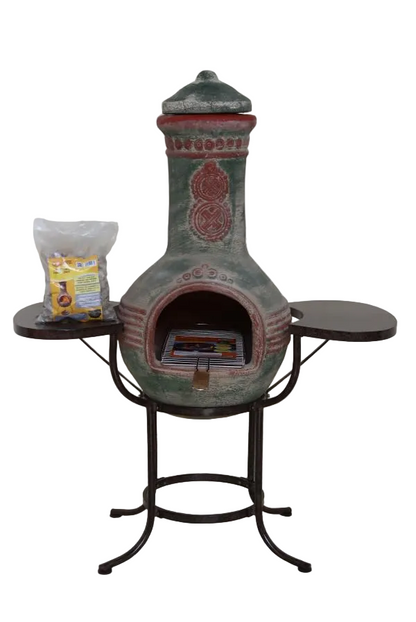 Decorative outdoor fireplace with a stand on a white background