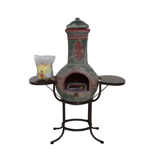 Decorative outdoor fireplace with a stand on a white background