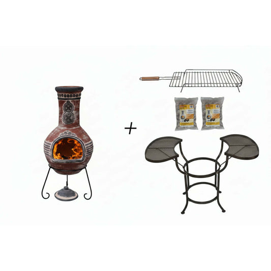 Azteca XL Mexican Chiminea BBQ Bundle Red | Complete Outdoor Cooking Set on white background