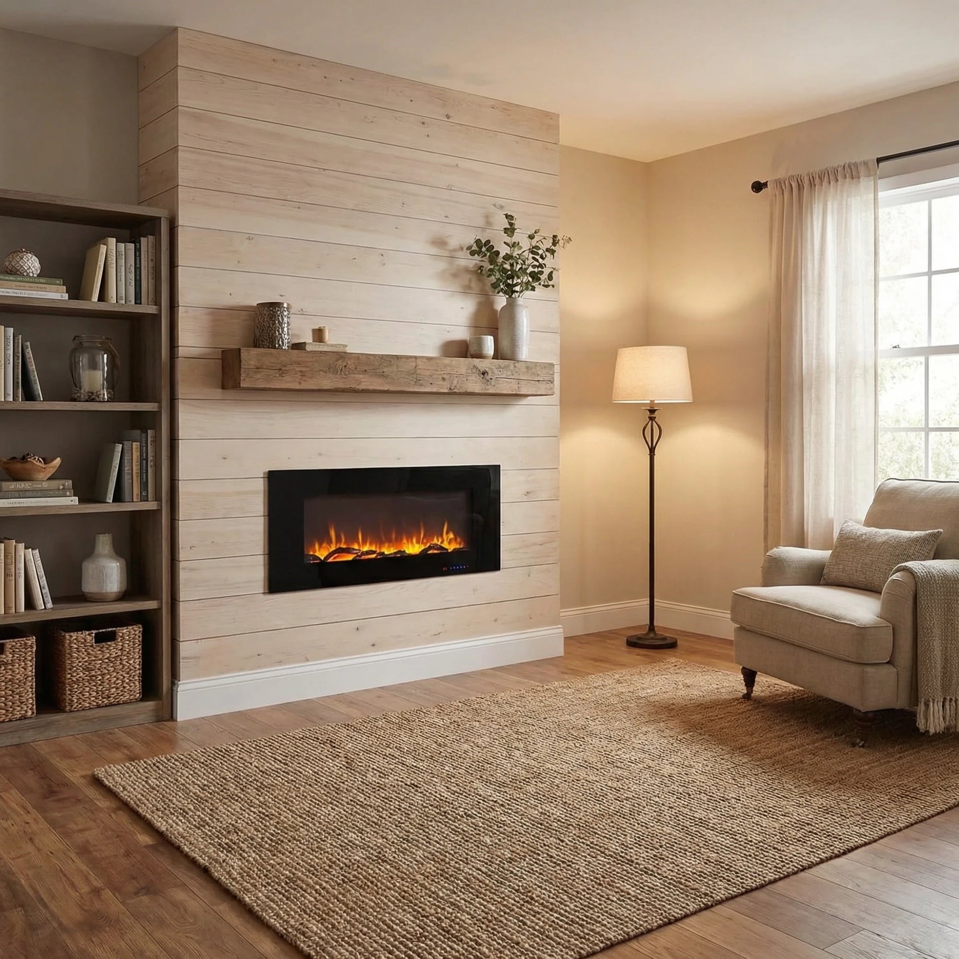 Living room with electric fireplace, bookshelf, and armchair.