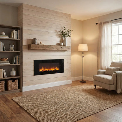 Living room with electric fireplace, bookshelf, and armchair.