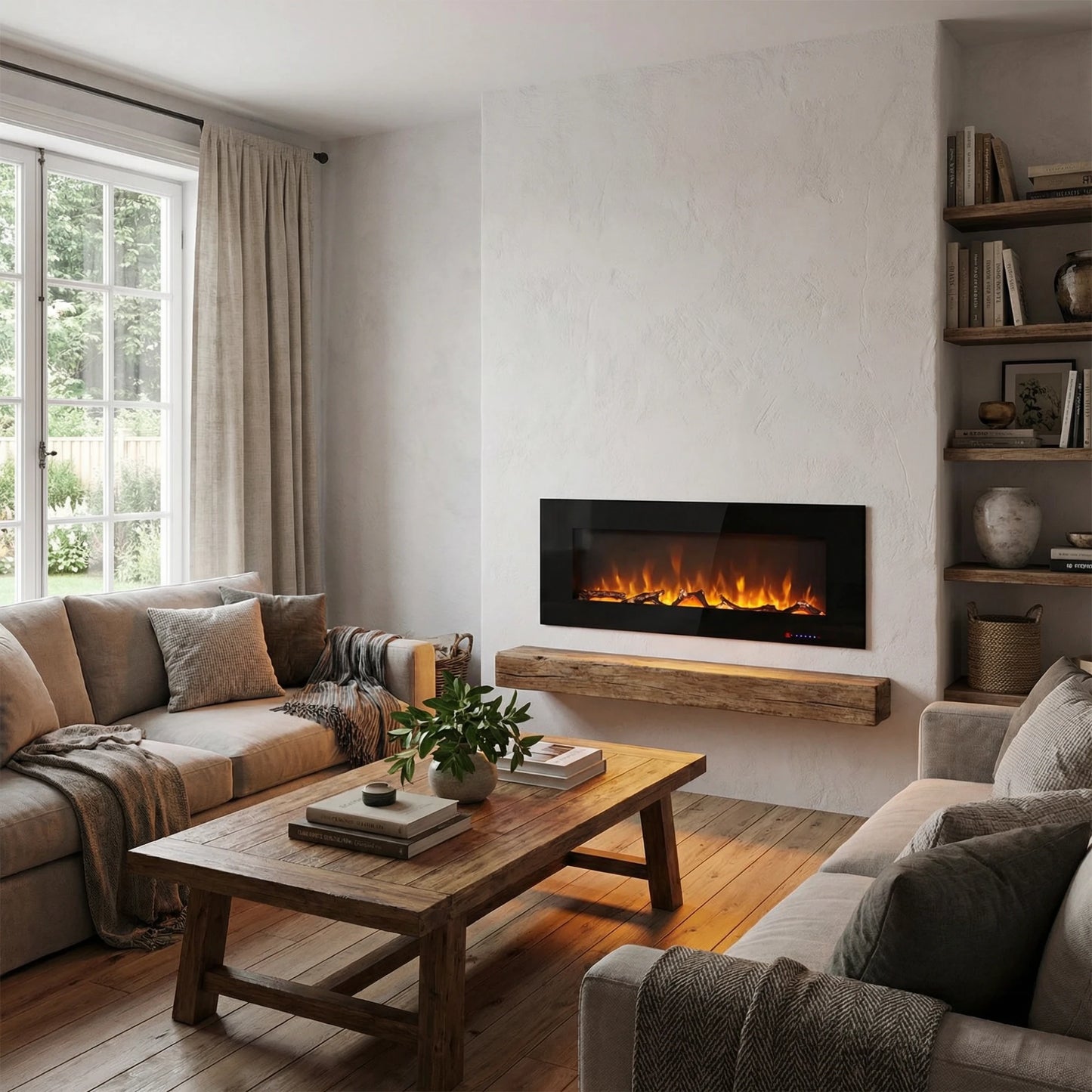 Modern living room with a fireplace, wooden coffee table, and bookshelf.