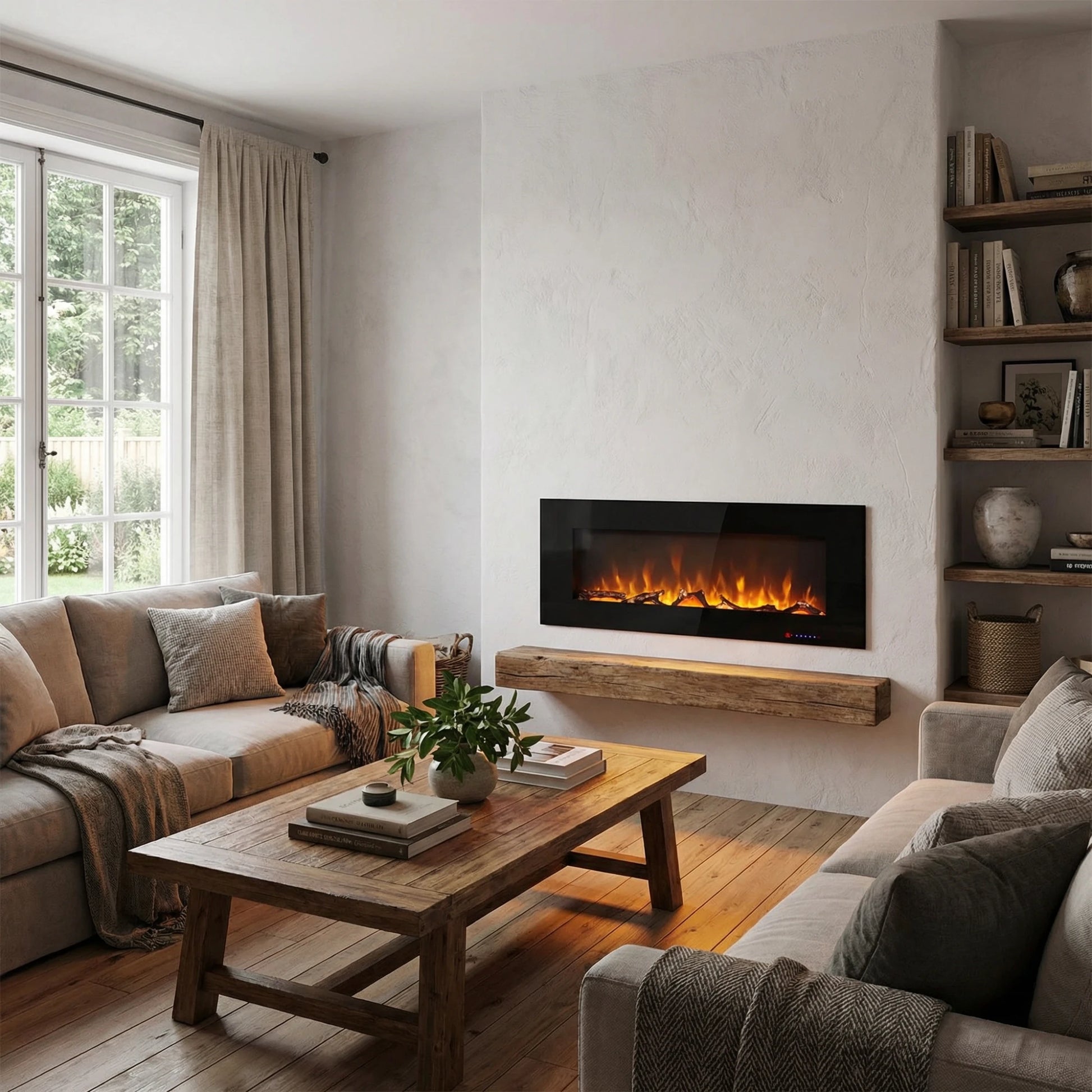 Modern living room with a fireplace, wooden coffee table, and bookshelf.